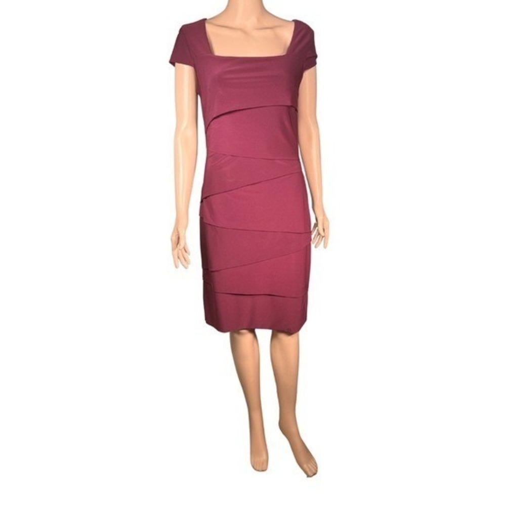 Joseph Ribkoff Burgundy Tiered Sheath Dress Square Neck Cap Sleeve 153000 Size 8